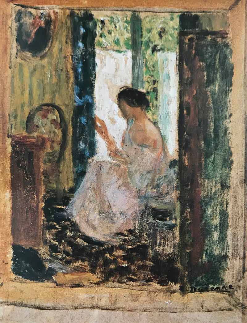 Seated woman facing left in front of window with hand mirror. Room with furniture and oval painting to top left.